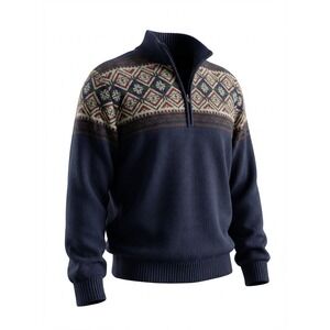 IZOD Mens XL G navy Burgundy Fair Isle 1/4‎ Zip Sweater Pullover